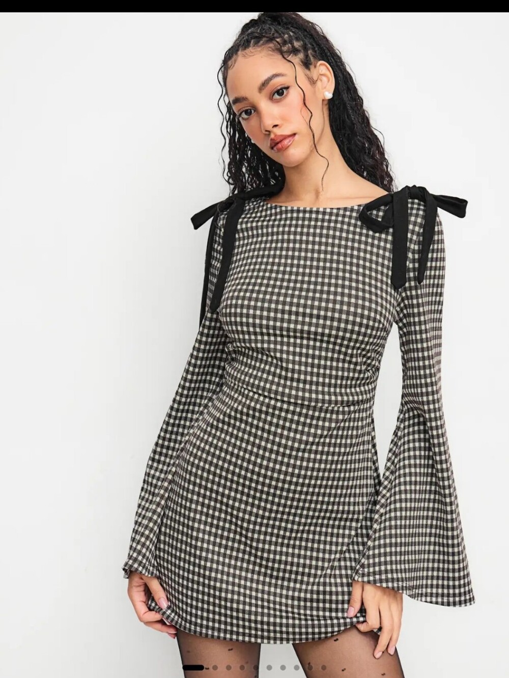 Cider Cotton-Blend Boat Neck Gingham Dress in Black/White